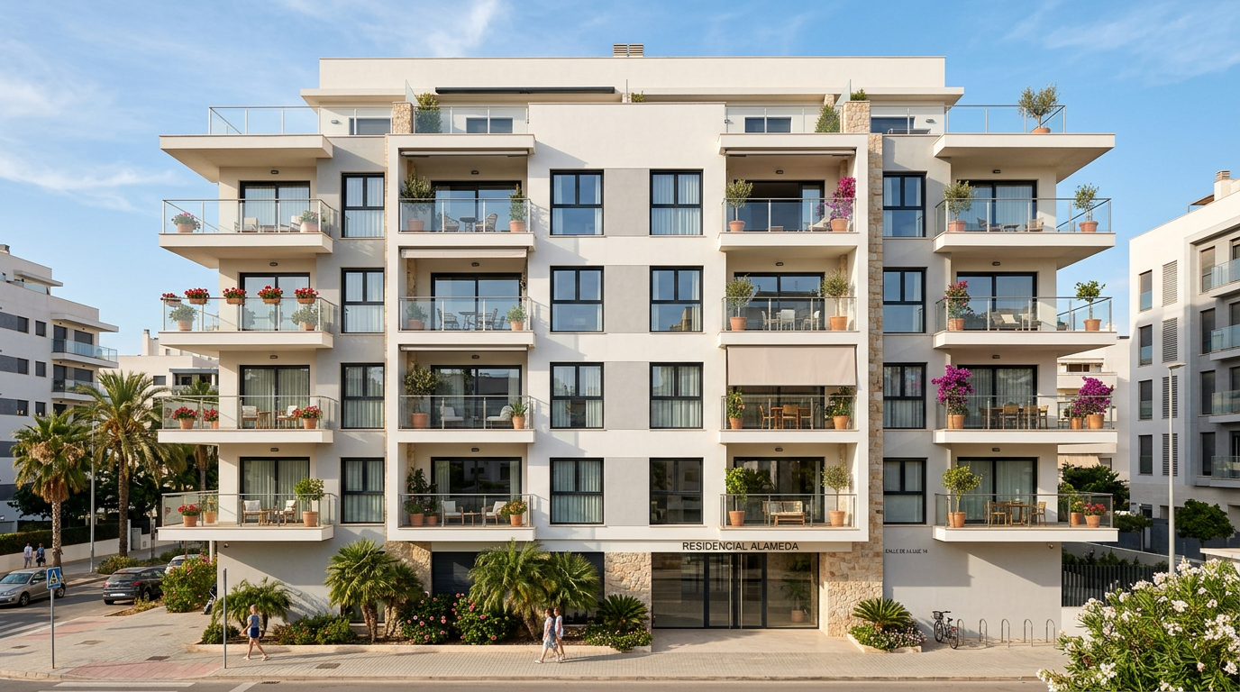 Fachada de un edificio residencial moderno y bien mantenido