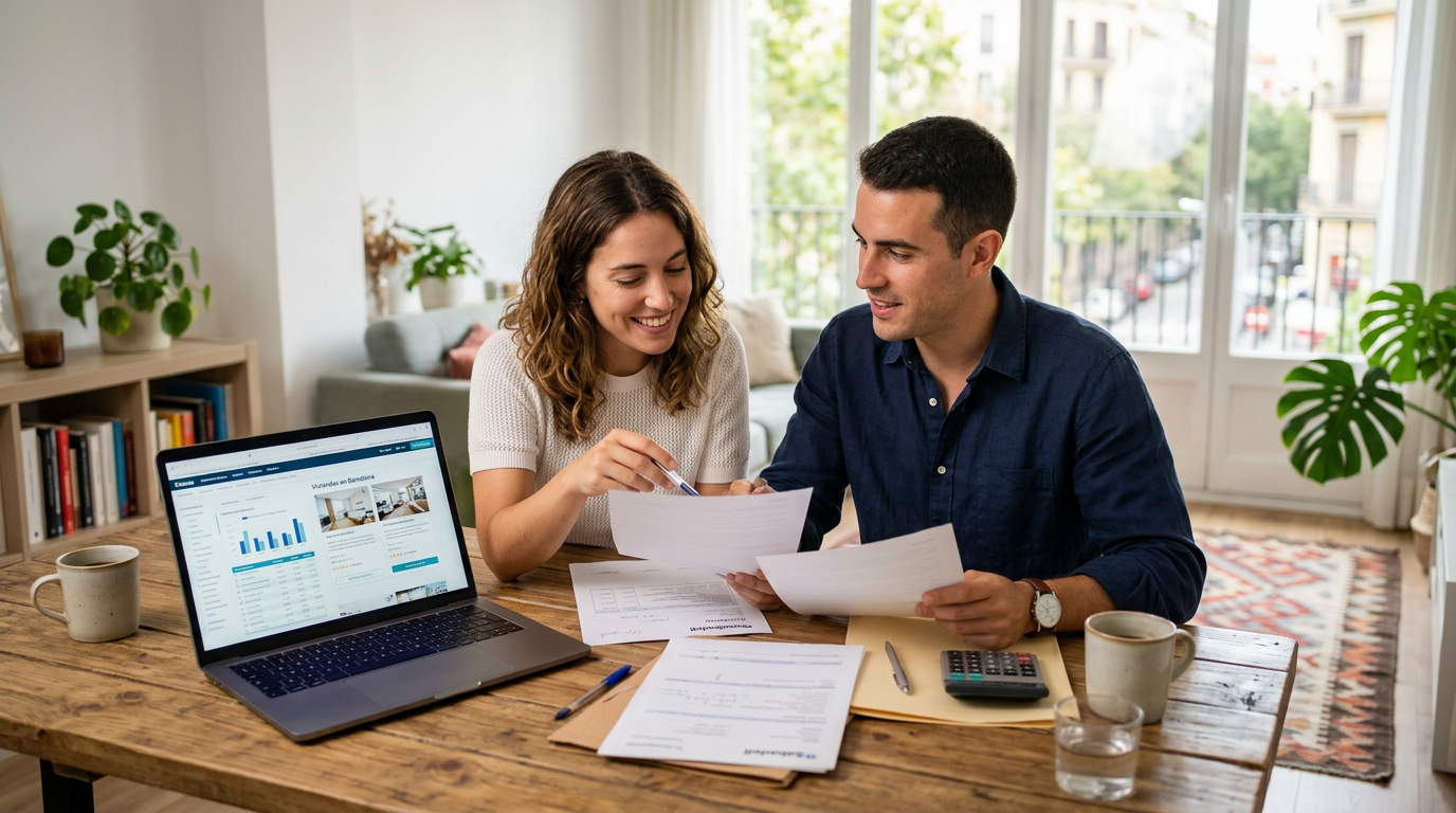 Compradores revisando las condiciones de la financiación hipotecaria para la compra de una vivienda