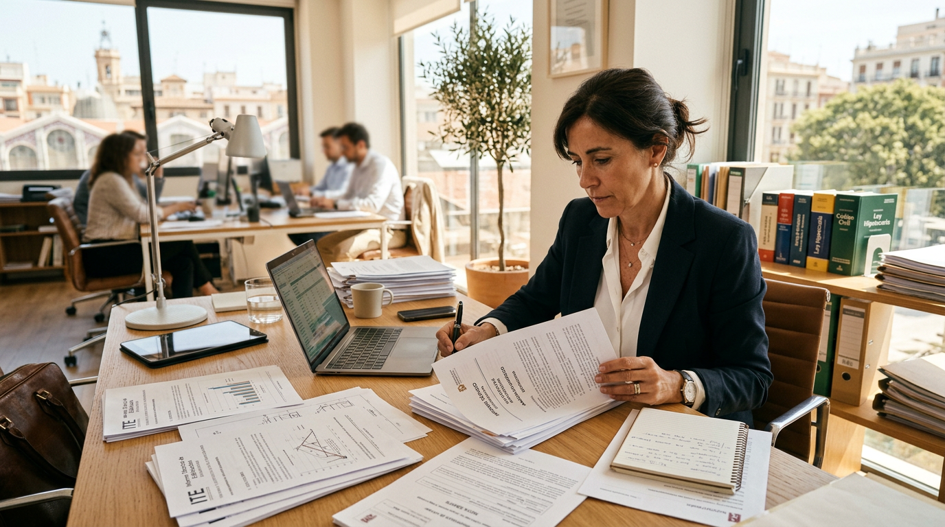 Experto inmobiliario realizando un análisis de documentación para una compra segura.