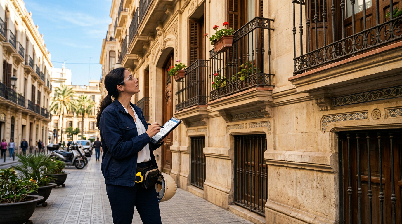 Técnico inspeccionando la fachada de un edificio para realizar la ITE