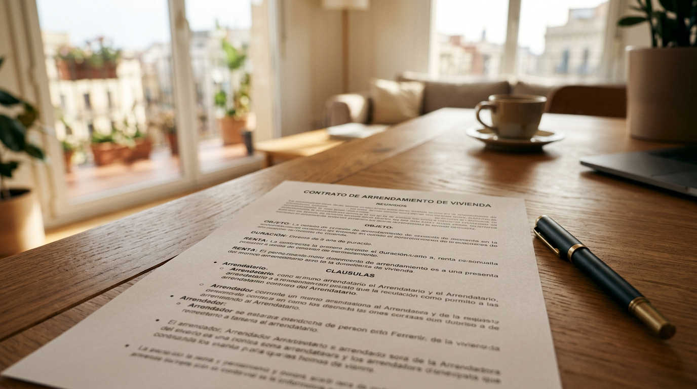 Contrato de alquiler de vivienda sobre una mesa de madera