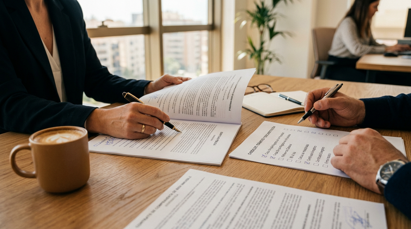 Documentos legales de compraventa y checklist técnico para la revisión de un piso antes de firmar las arras.