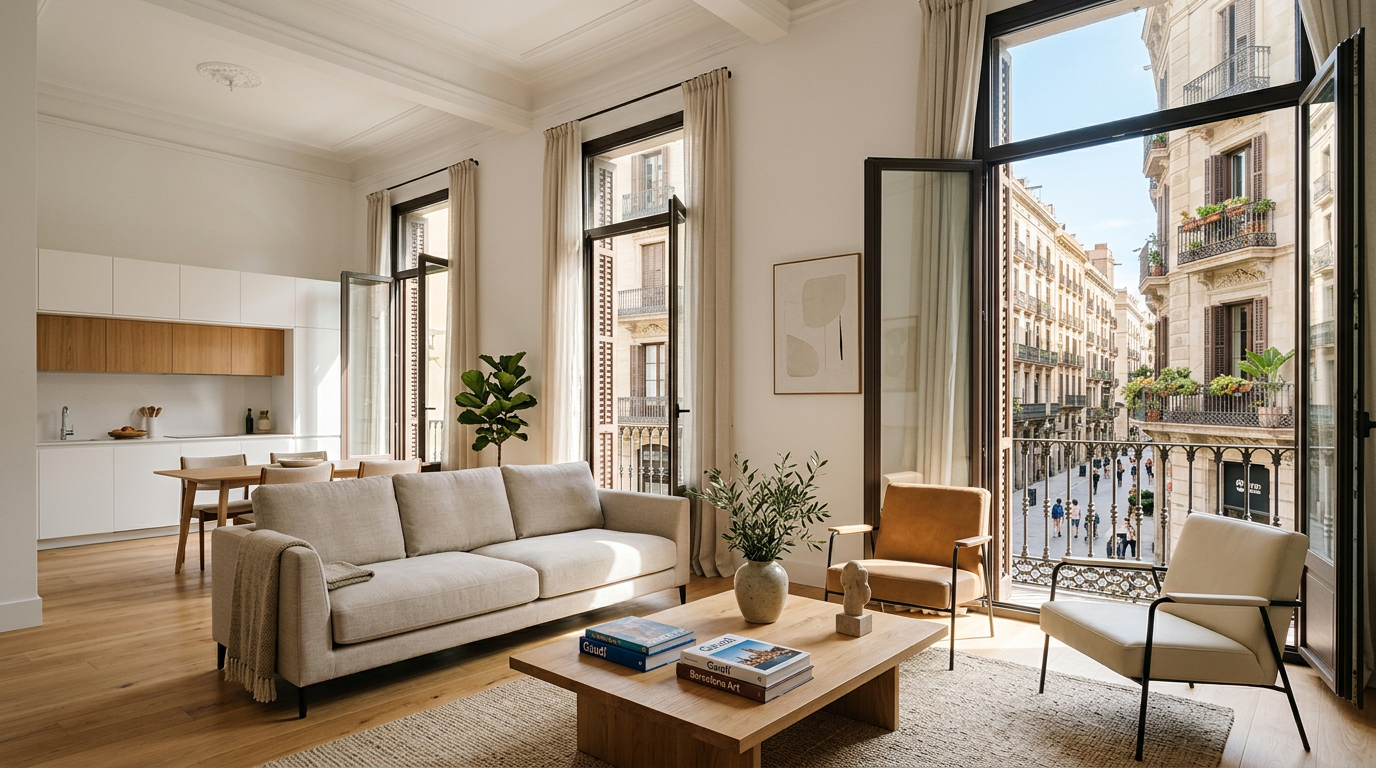 Interior de un piso moderno en venta en Barcelona con vistas a la calle.