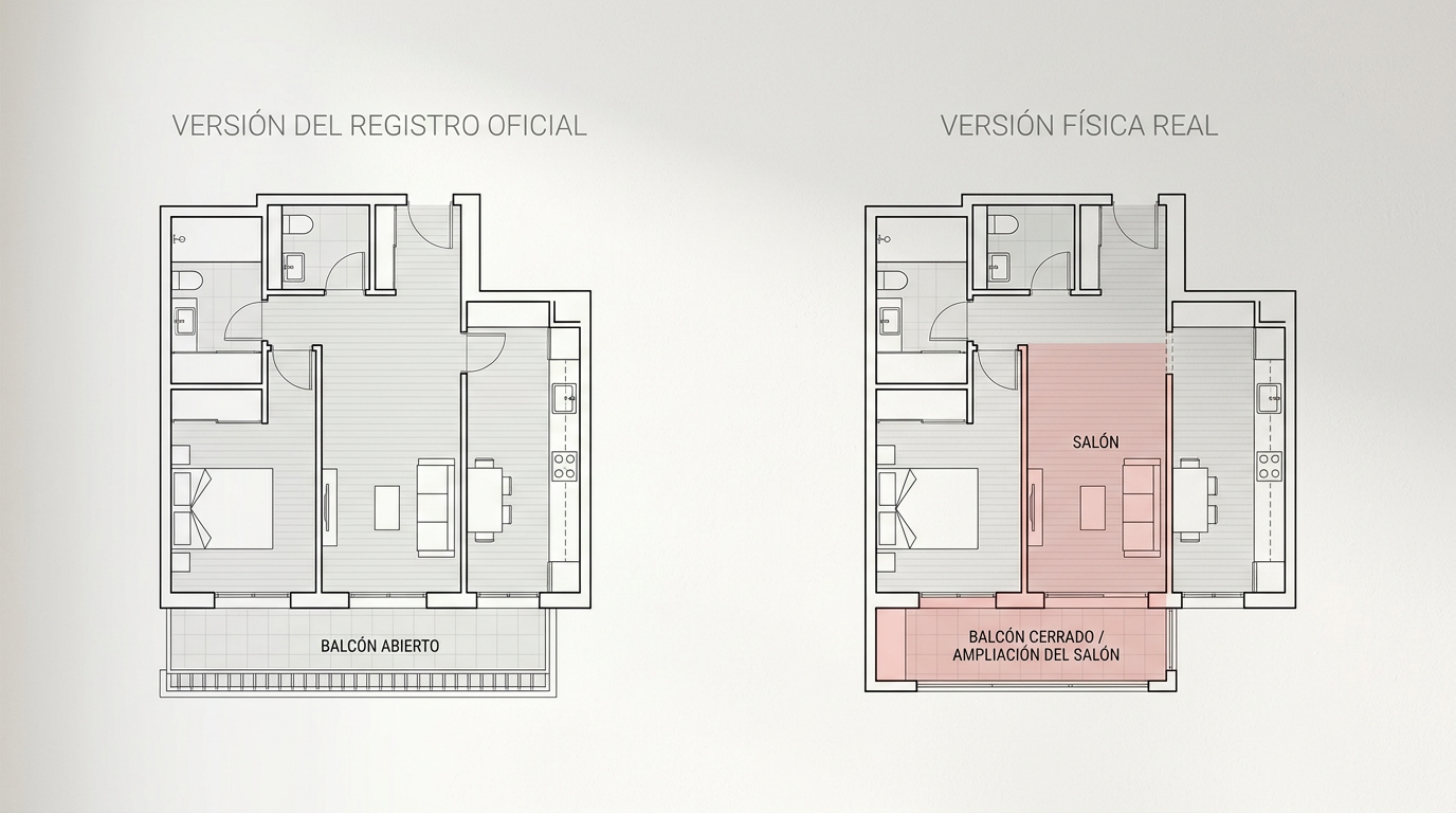 Esquema comparativo entre la distribución oficial del registro y la realidad física de una terraza cerrada.