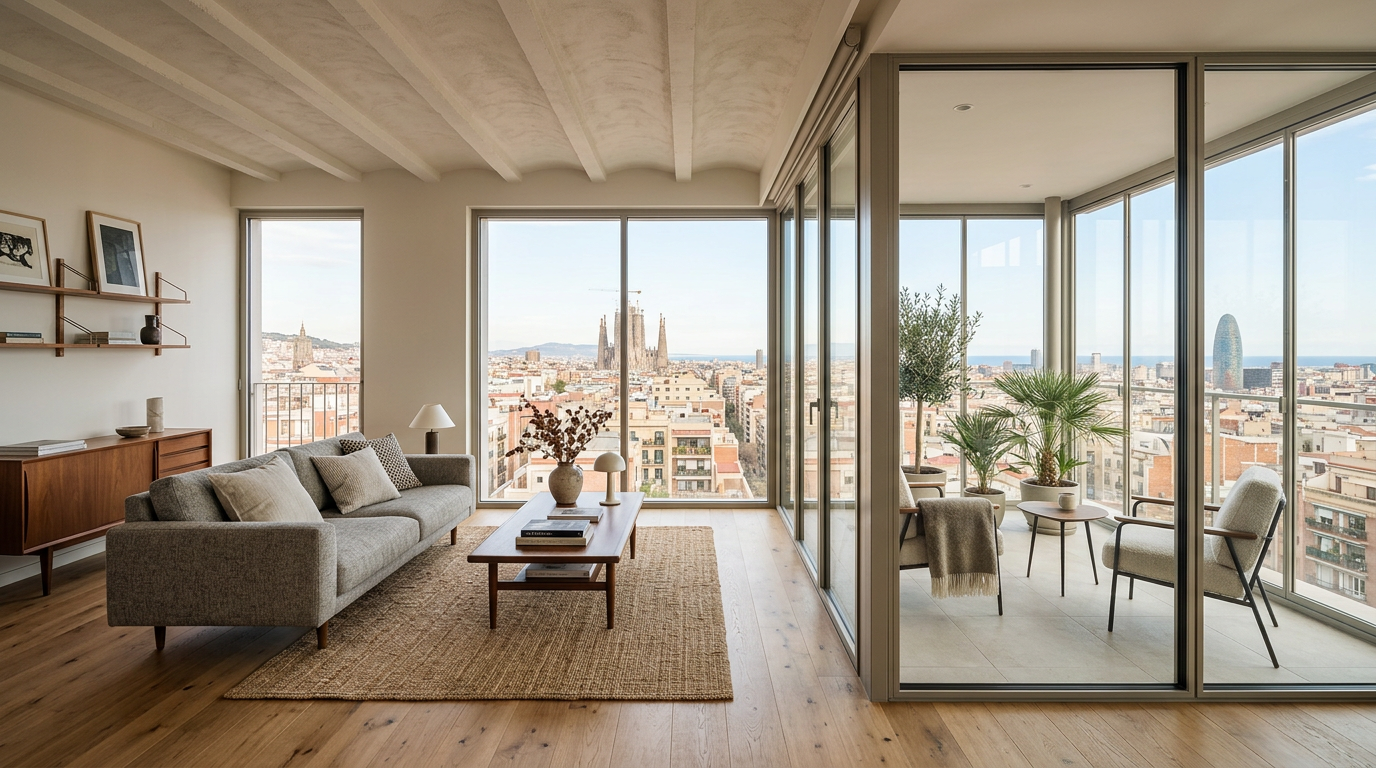 Interior de un salón moderno con una terraza integrada mediante un cerramiento acristalado.