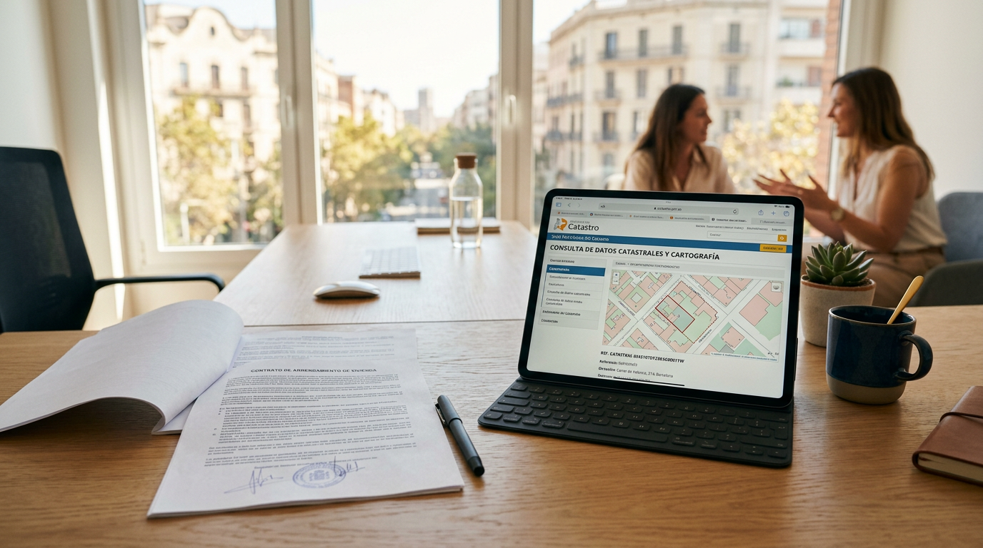 Documento de Nota Simple y tableta mostrando la consulta del Catastro de una vivienda.