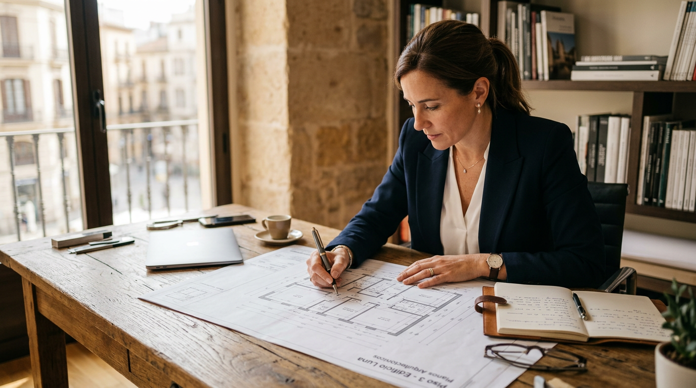 Asesor inmobiliario revisando la documentación técnica y planos de una vivienda antes de la compra.