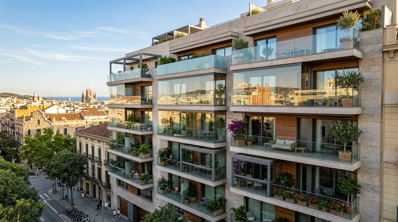Fachada de edificio residencial con varios cerramientos de terrazas de aluminio y cristal