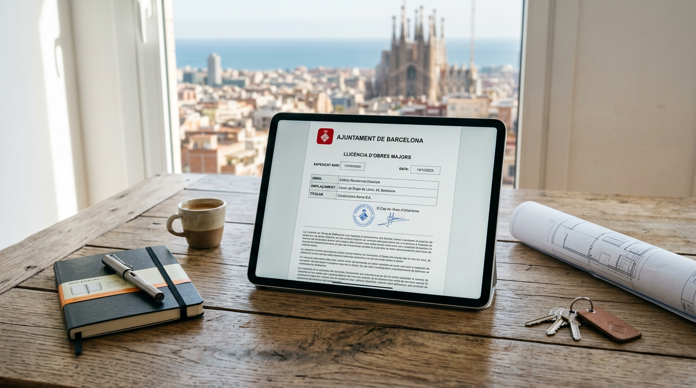 Documento oficial de licencia de obras municipal sobre un iPad