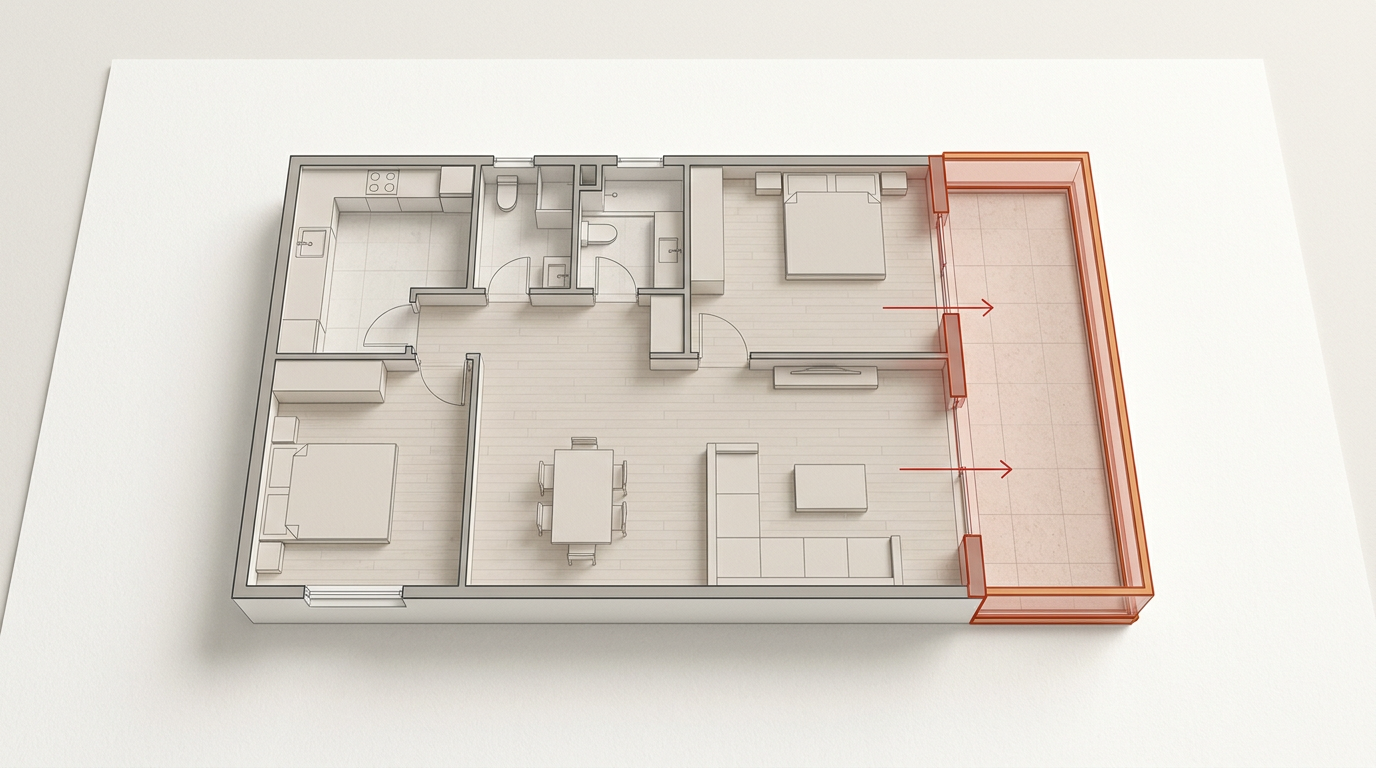 Plano descriptivo de vivienda señalando la diferencia de metros entre la escritura y el cerramiento