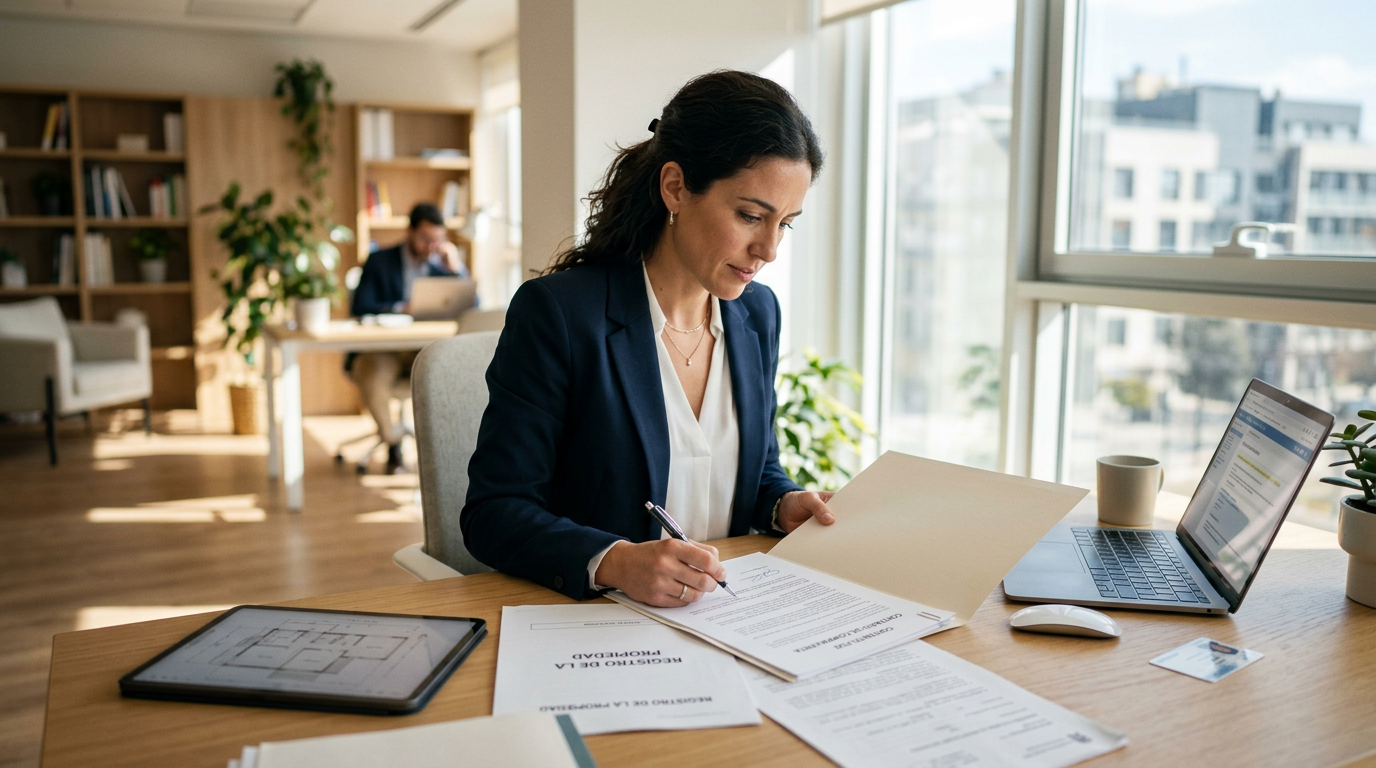 Asesor inmobiliario examinando escrituras y documentación del Registro de la Propiedad