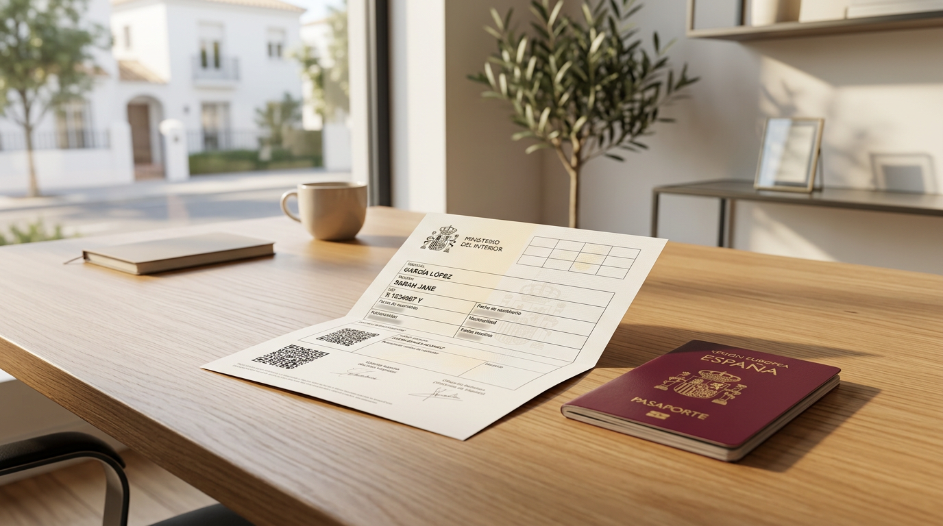Formulario del NIE español y pasaporte sobre una mesa de madera