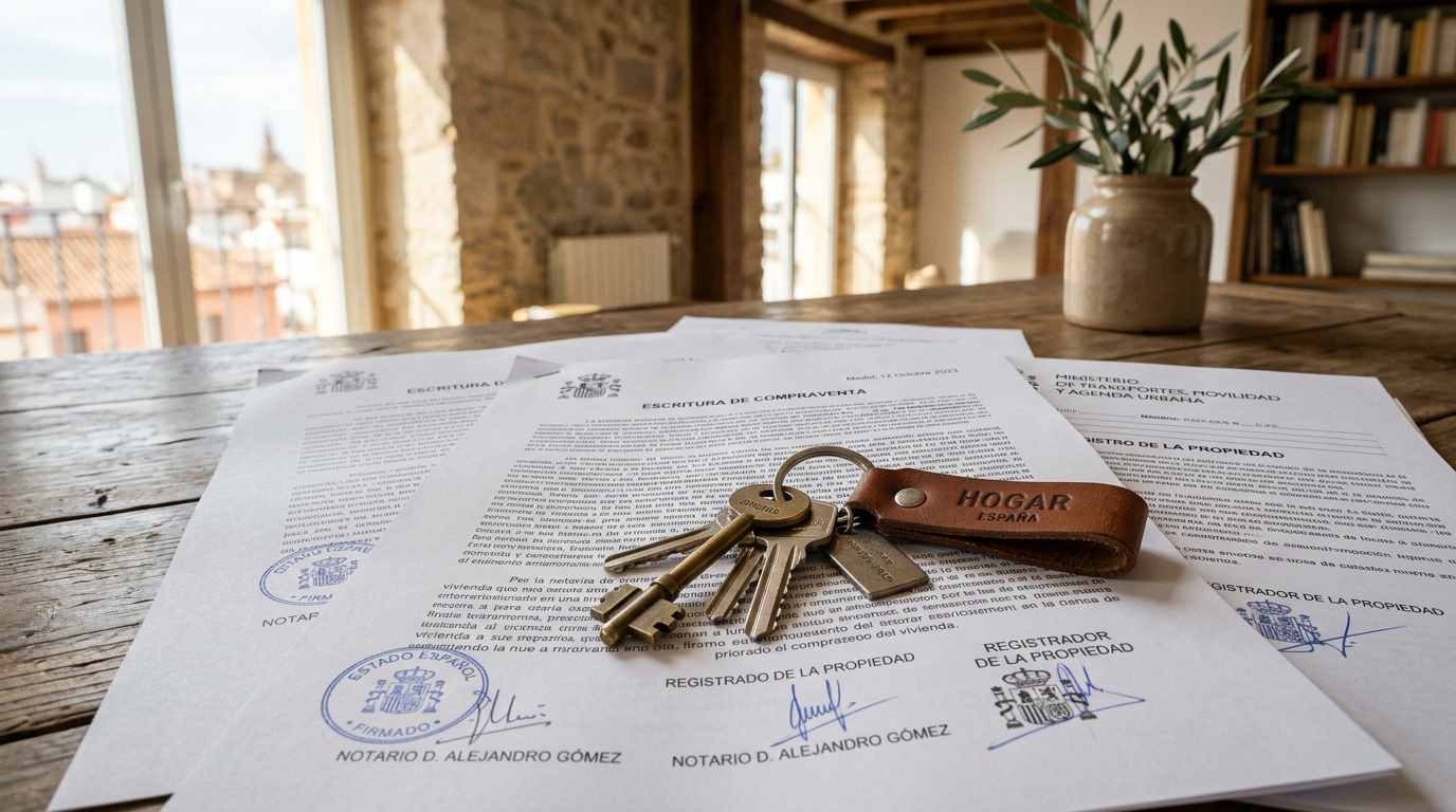 Documentos legales de compraventa y llaves residenciales españolas sobre una superficie de madera