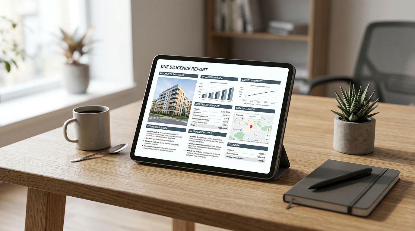 Tablet mostrando un informe de revisión jurídica de la fianza e inquilino