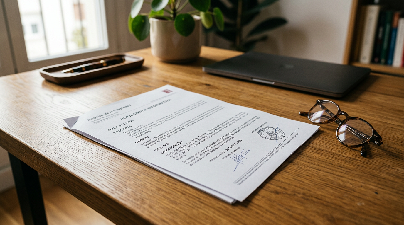 Nota simple del Registro de la Propiedad sobre una mesa de madera