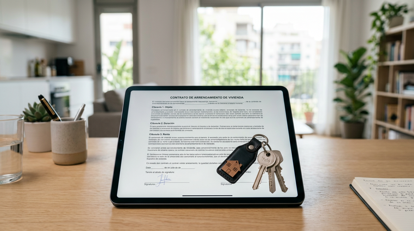 Tablet mostrando un contrato de arras y llaves de una vivienda