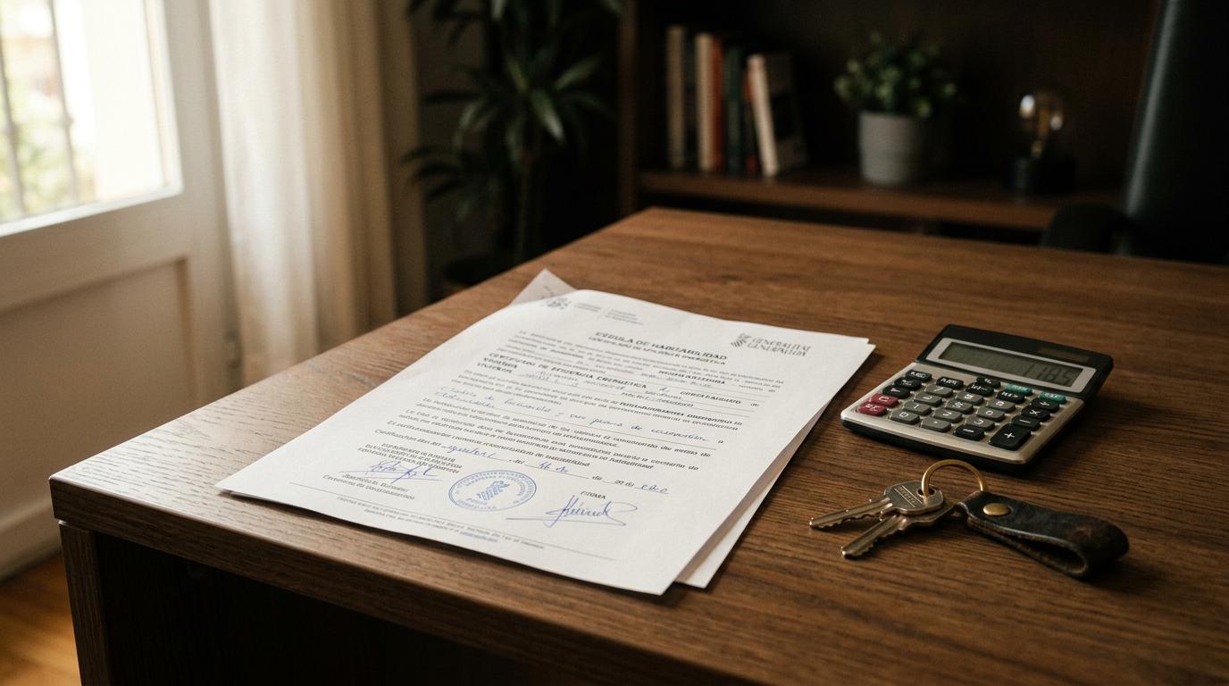 Documento de cédula de habitabilidad sobre mesa de oficina con llaves de vivienda.