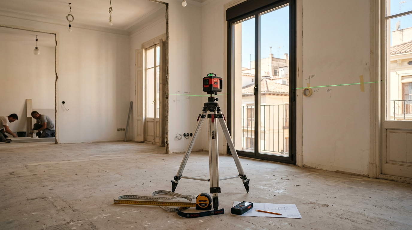 Interior de una vivienda con herramientas técnicas de medición arquitectónica.