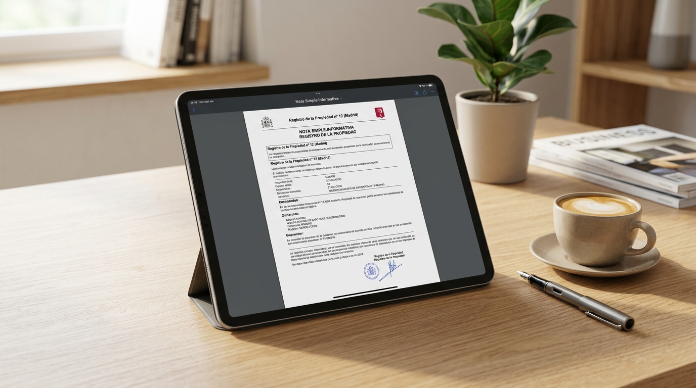 Ejemplo de nota simple del Registro de la Propiedad en una pantalla de tablet.