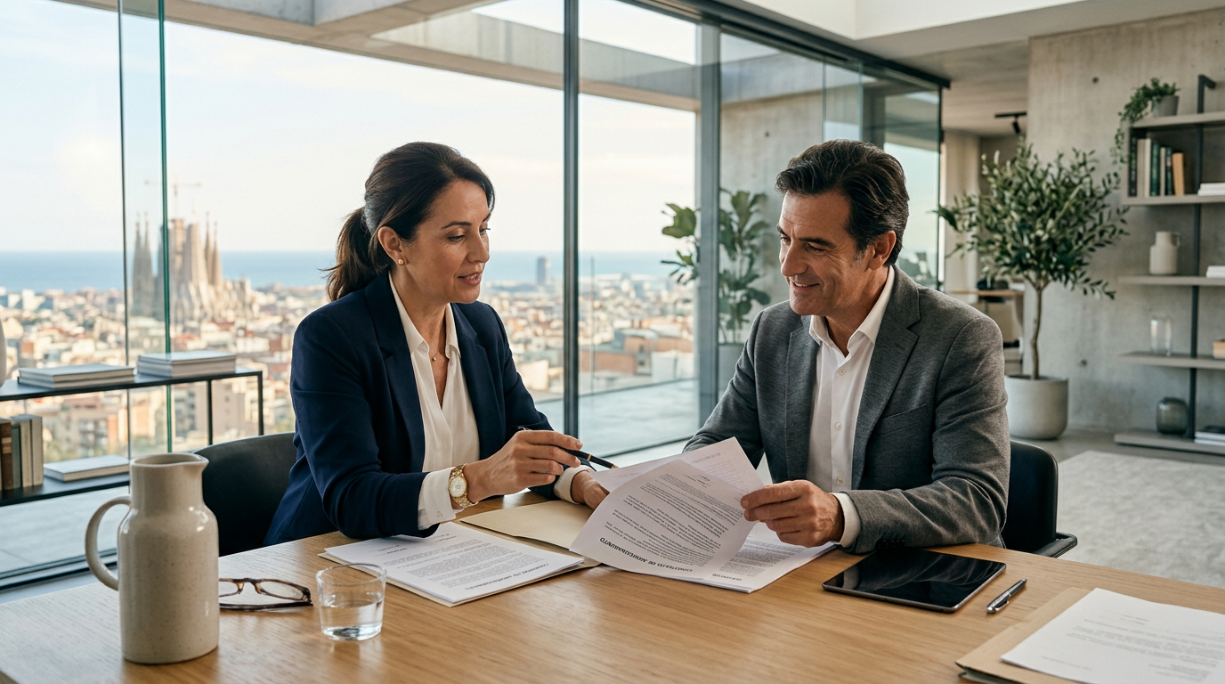 Reunión profesional de asesoramiento legal para comprobar las cargas de una vivienda.