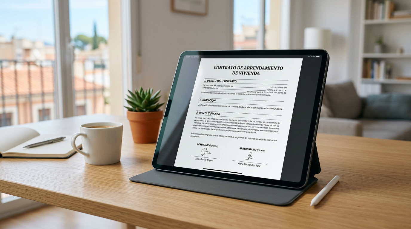 Mockup de un contrato de arras digitalizado en una tablet sobre un escritorio