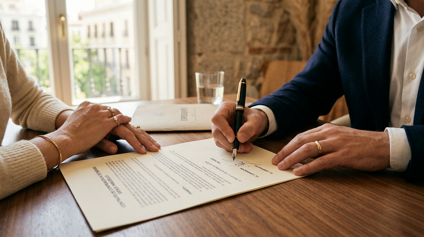 Firma de un contrato de arras sobre una mesa de madera de estilo nórdico