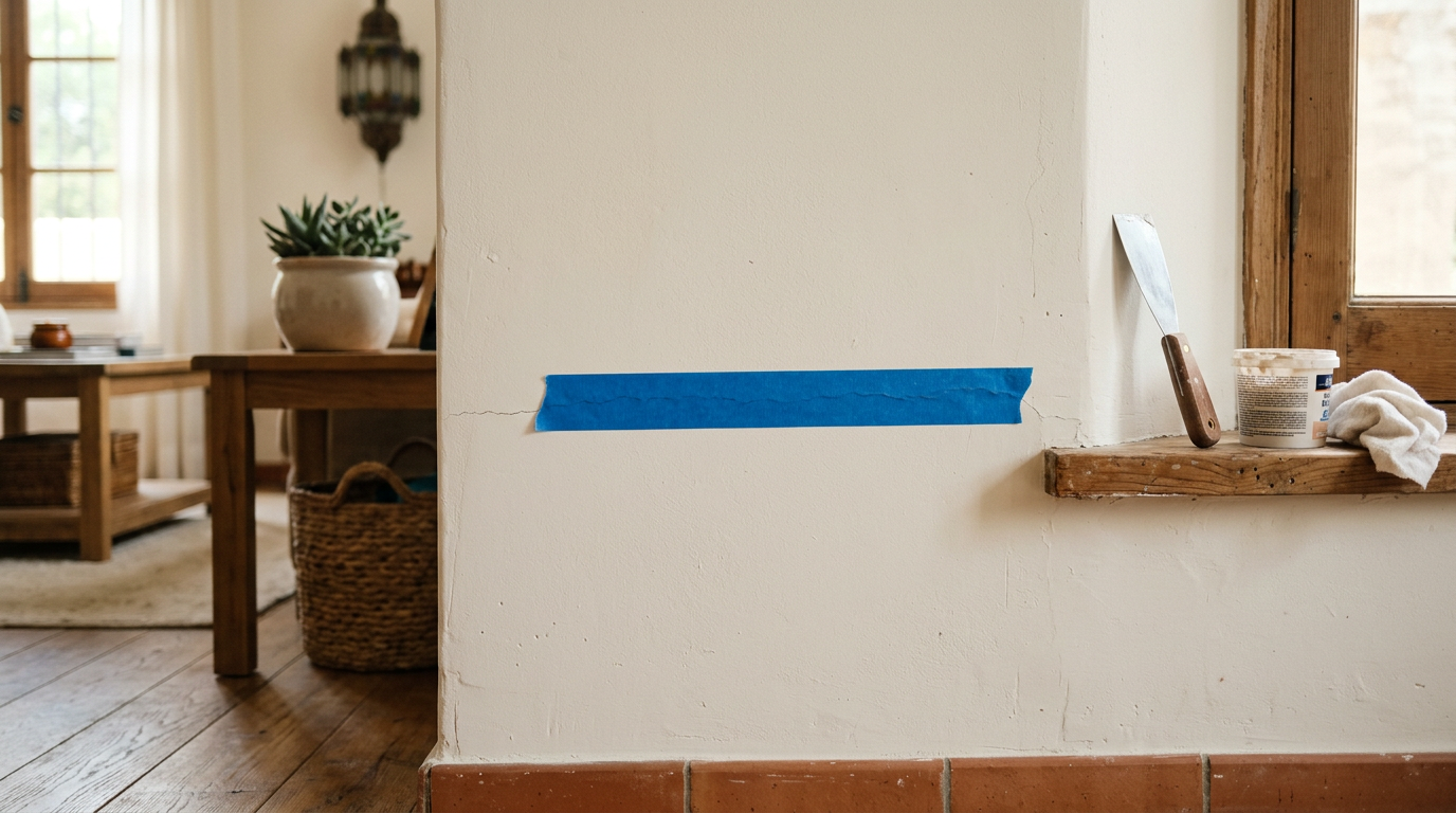 Detalle de una fisura marcada en la pared de una vivienda nueva para reparación