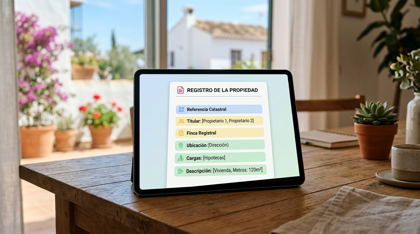 Mockup de un documento registral en una tablet moderna sobre escritorio.