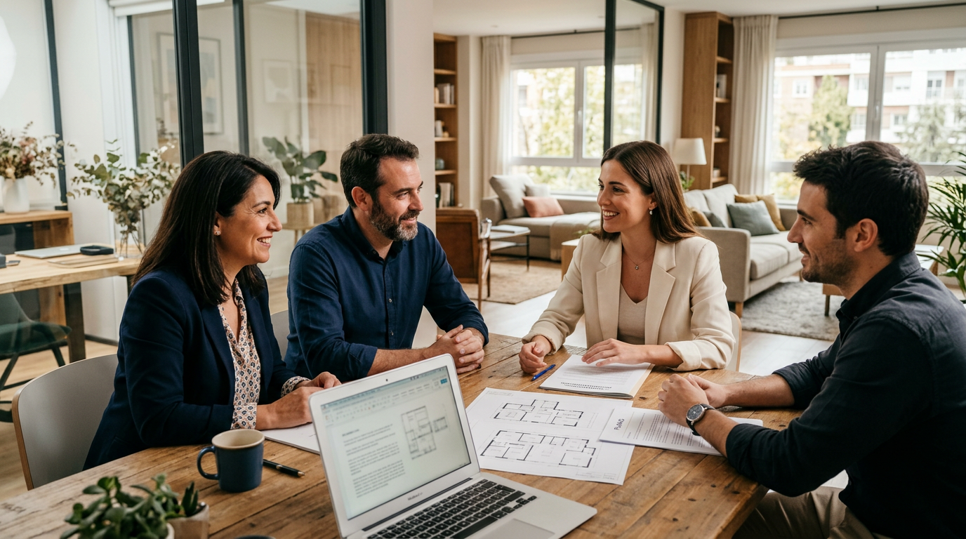 Asesoramiento inmobiliario profesional con documentos sobre la mesa.