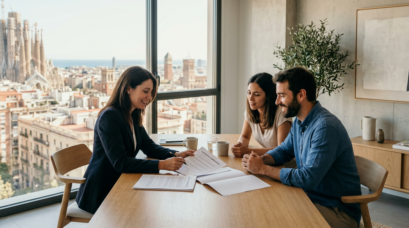 Asesor inmobiliario revisando documentos con una pareja en Barcelona