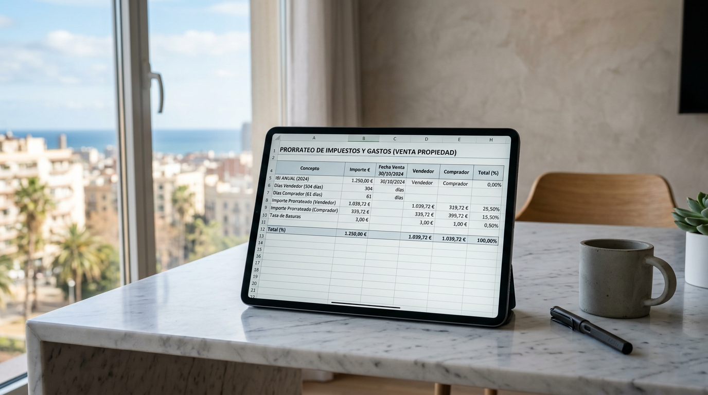 Mockup de una tablet con hoja de cálculo para el prorrateo de gastos en una venta inmobiliaria.