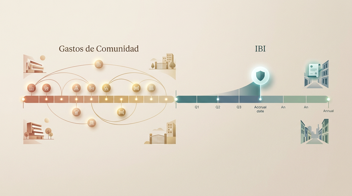 Infografía de comparación de plazos y devengos entre el IBI y los gastos de comunidad.