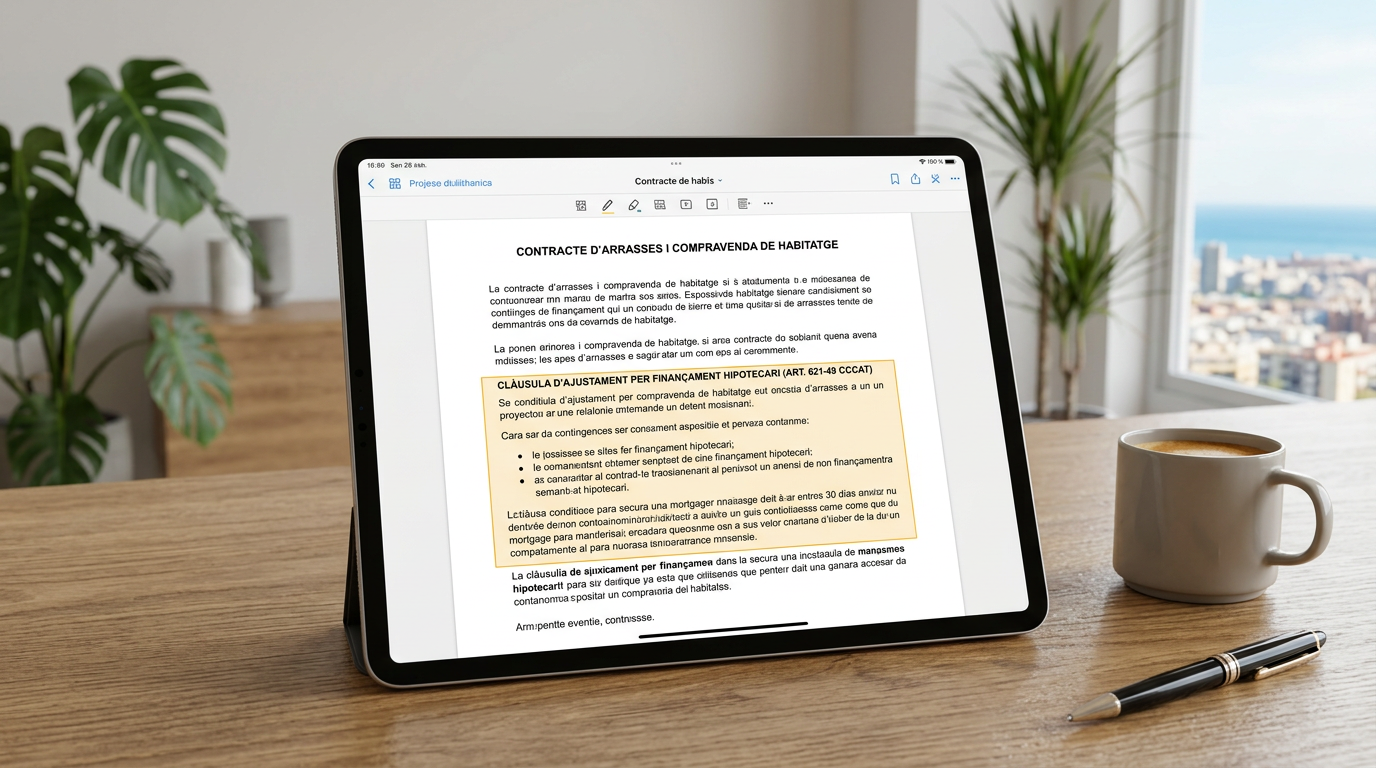 Esquema digital de una cláusula de arras condicionadas a financiación según la legislación catalana.