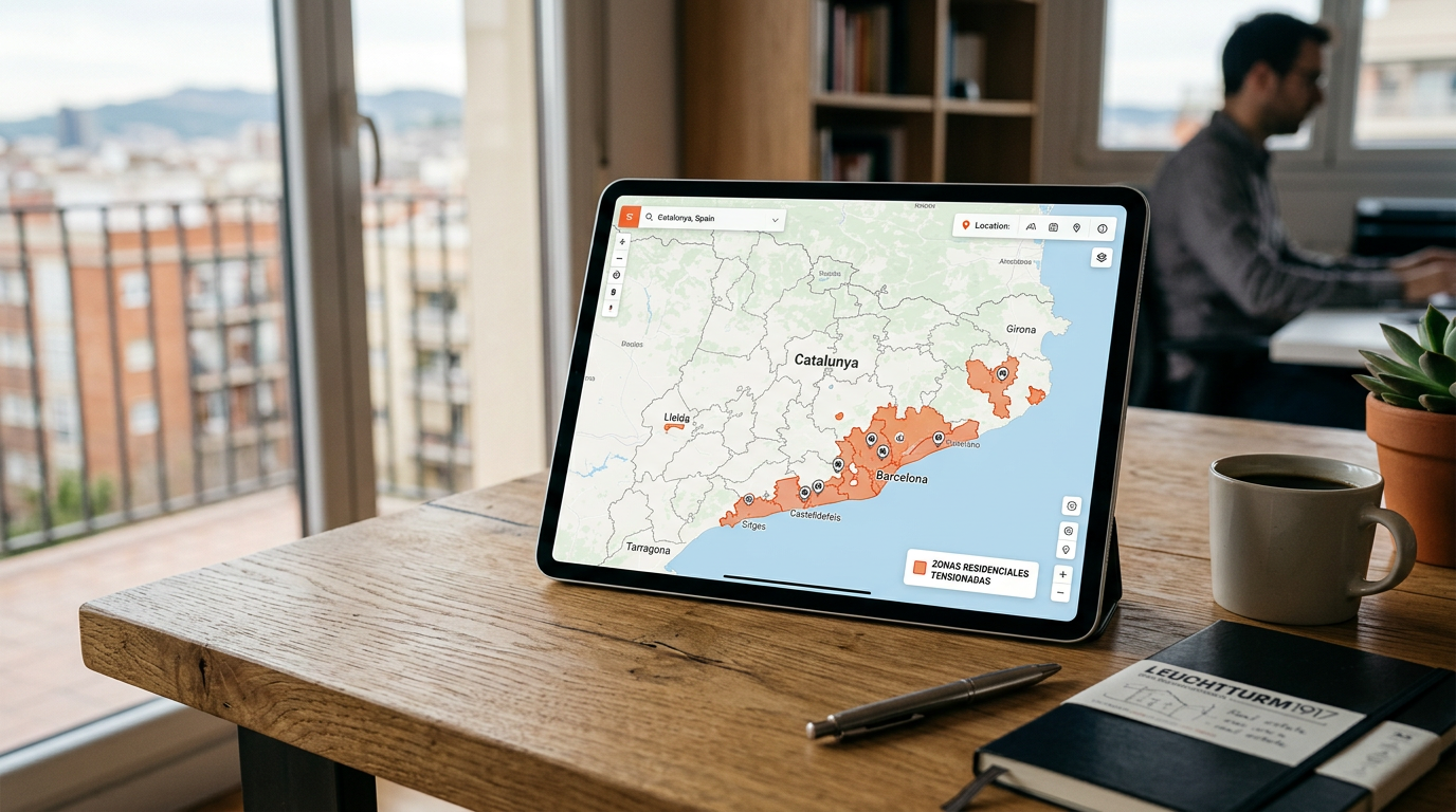 Mapa digital de zonas tensionadas en Cataluña en una tablet