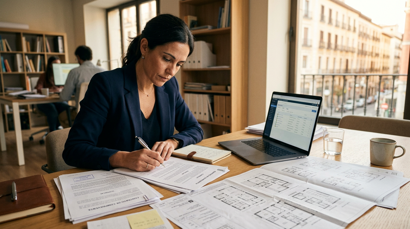 Abogado inmobiliario revisando documentación de compraventa