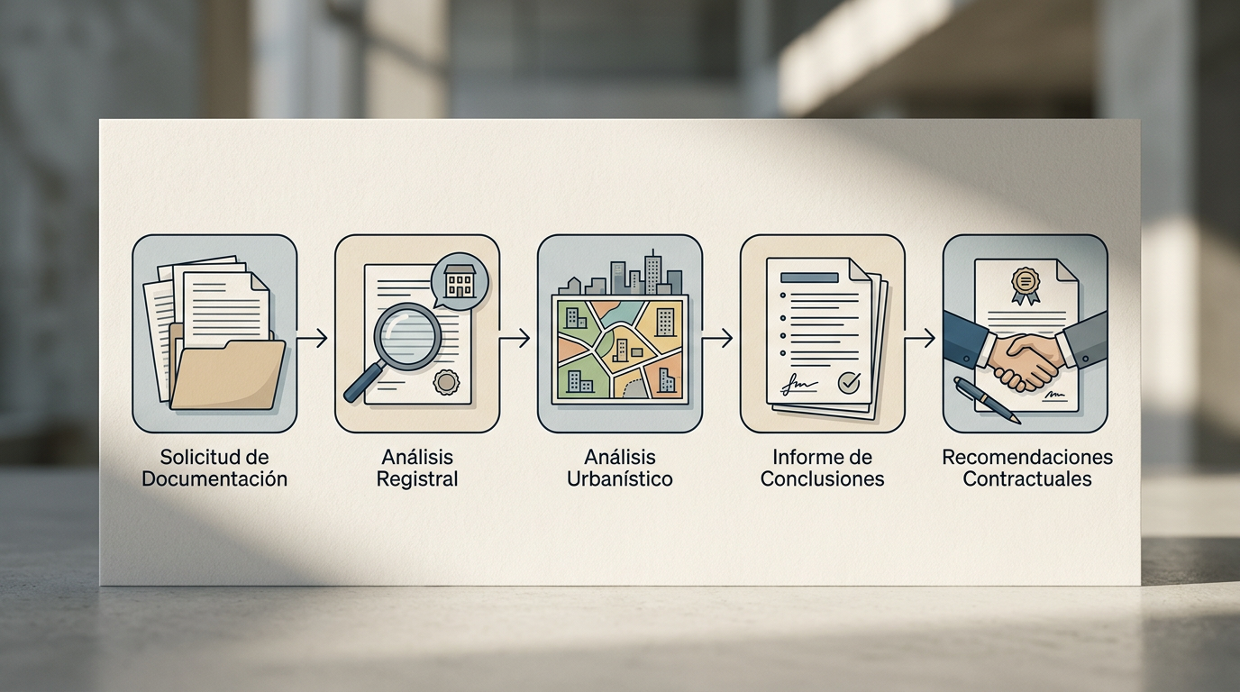 Diagrama de flux que explica les fases d'una due diligence immobiliària, des de la sol·licitud de documents fins a l'informe final.