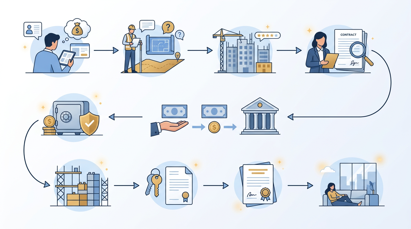 Diagrama de los pasos para comprar una vivienda de obra nueva de forma segura