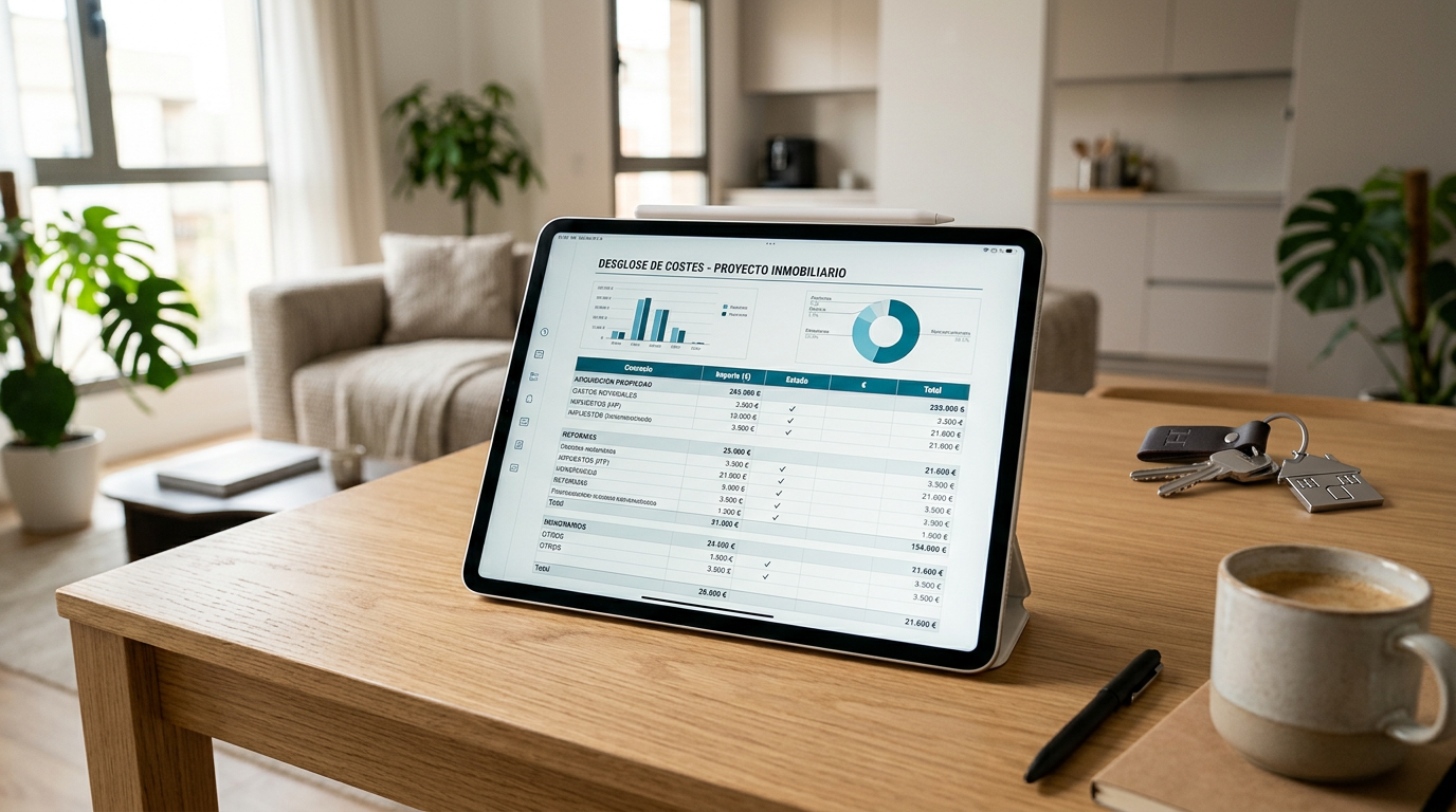 Mockup de una tablet con un desglose de gastos y provisiones de fondos para una compraventa