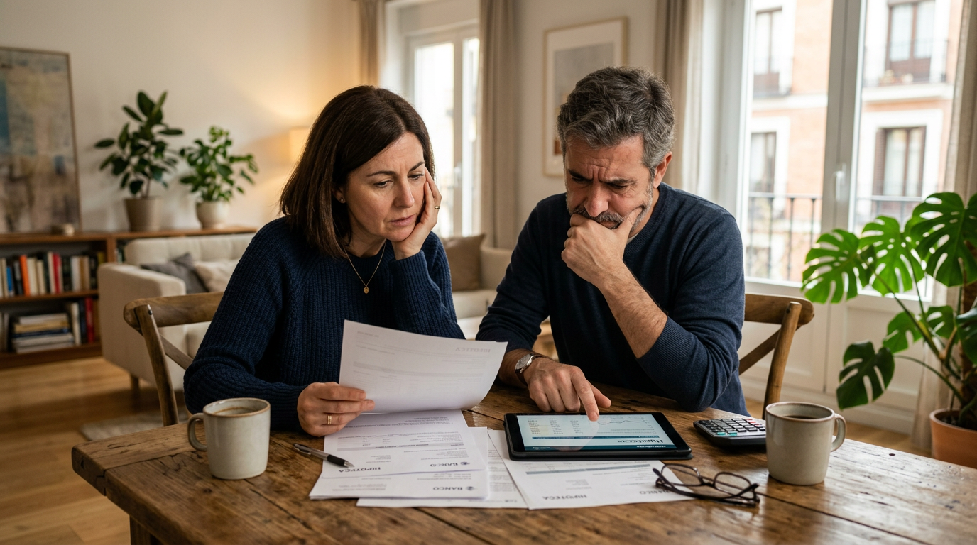 Pareja preocupada analizando documentos financieros en casa por una tasación baja