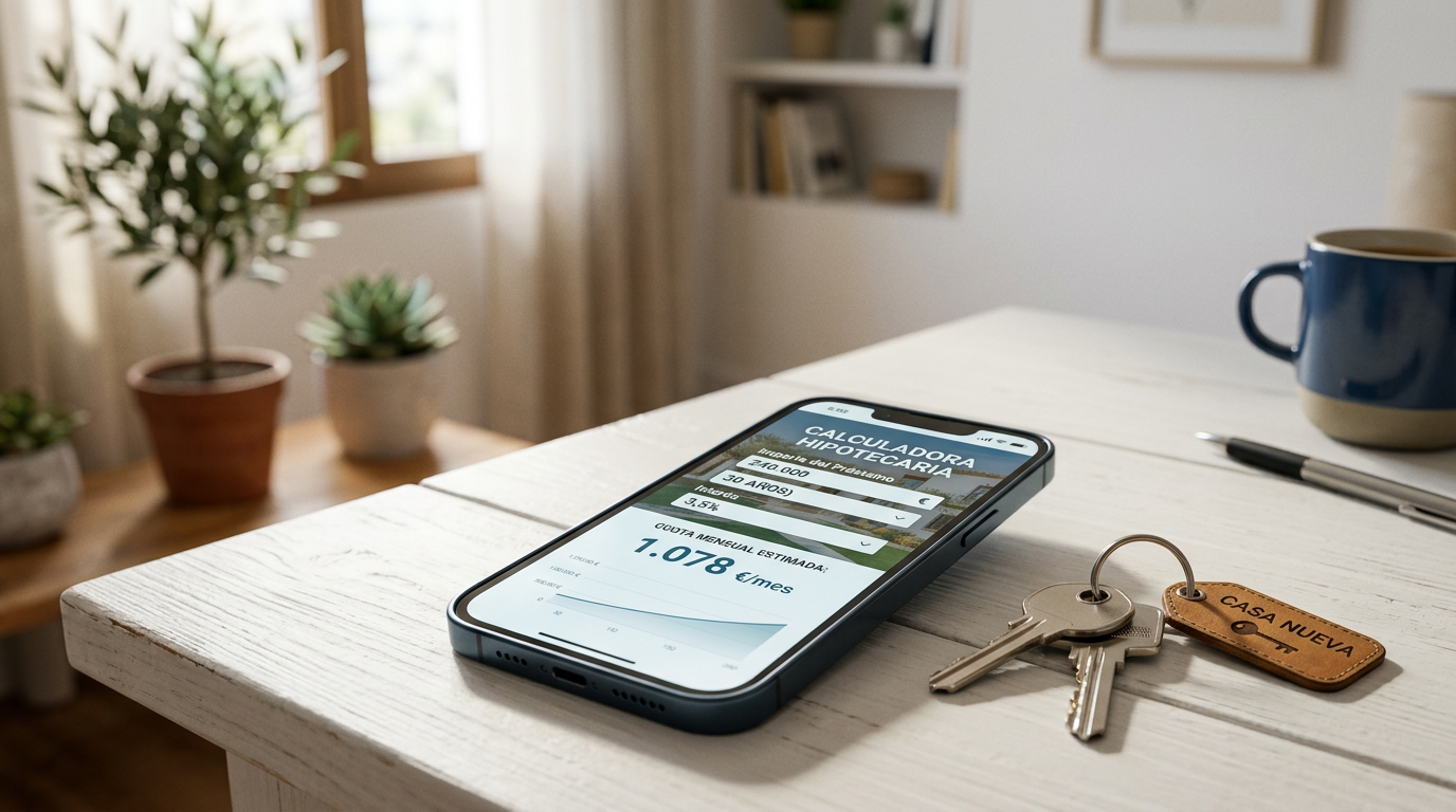 Mockup de calculadora de hipoteca en un teléfono móvil sobre un escritorio