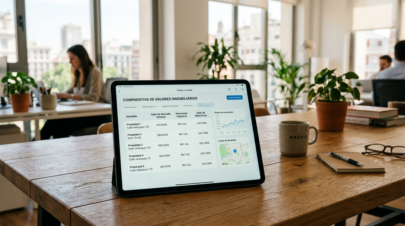 Tablet mostrando una tabla comparativa de valores de una vivienda